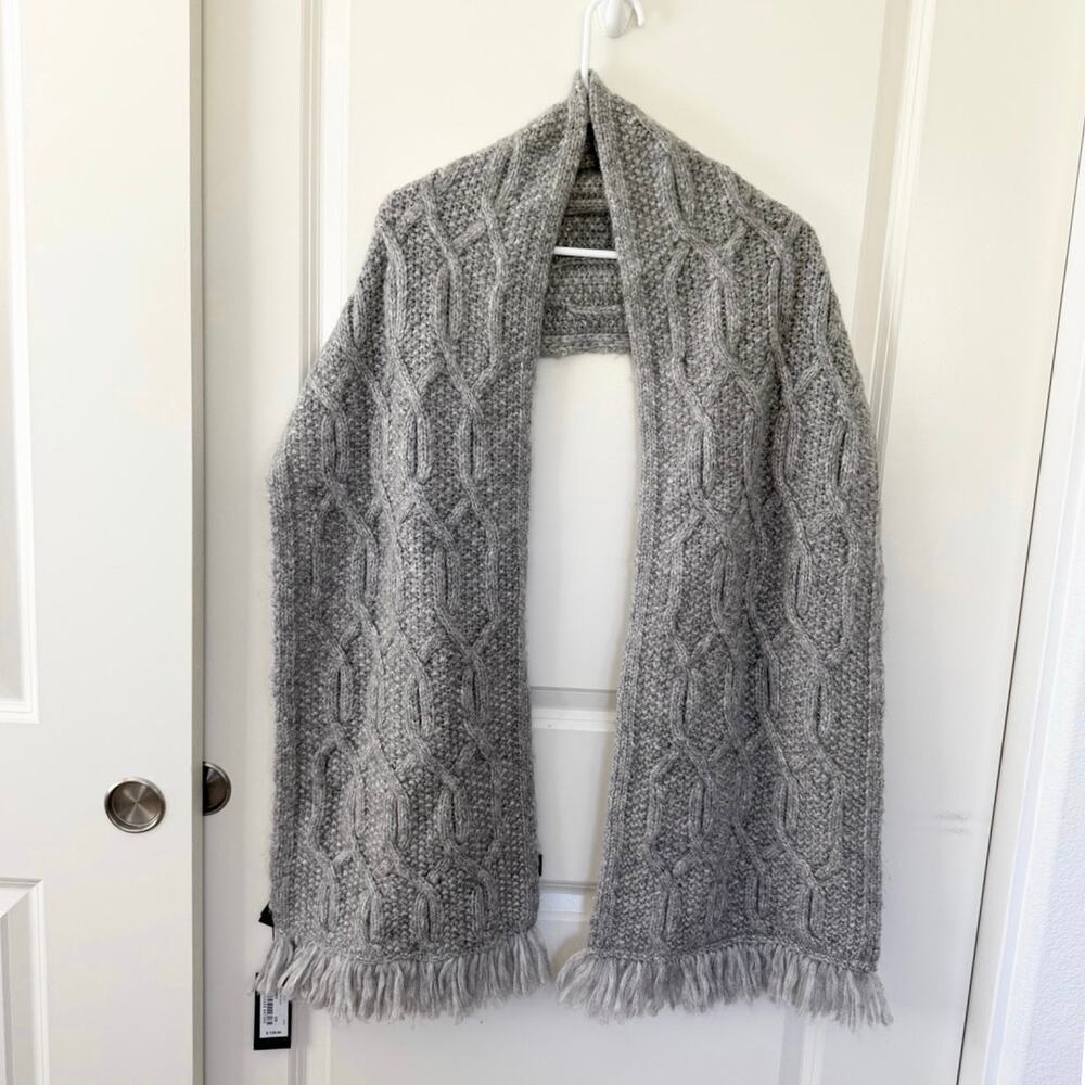 NWT Ted Baker Wool Blend Fringe Detail Chunky Knit Scarf Grey One Size